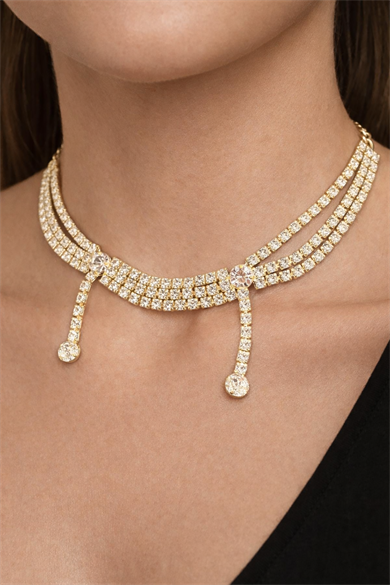 Altın Renk Taş Detaylı Tasarım Abiye Kolye