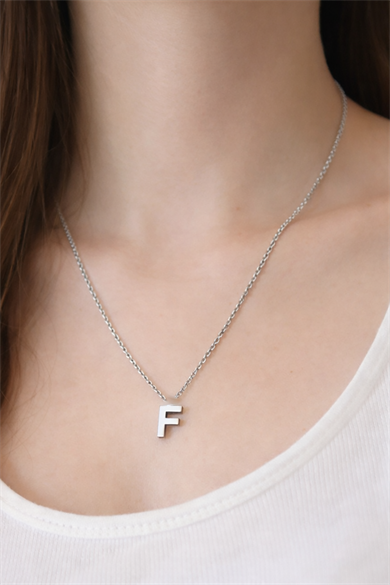 Gümüş Renk F Harf Çelik Kolye