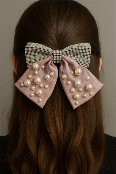 Lila Renk Kurdele Figürlü İnci Ve Taş Detaylı Otomat Toka