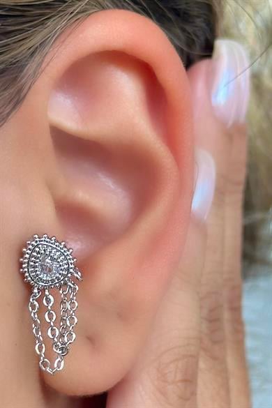 Gümüş Renk Taş Detaylı Çelik Tragus/Kıkırdak Küpe/Piercing (Tek)