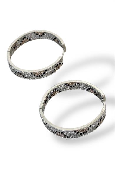 Gümüş Renk Taş Detaylı 14K Altın Kaplama TX Halka Küpe (Çift)