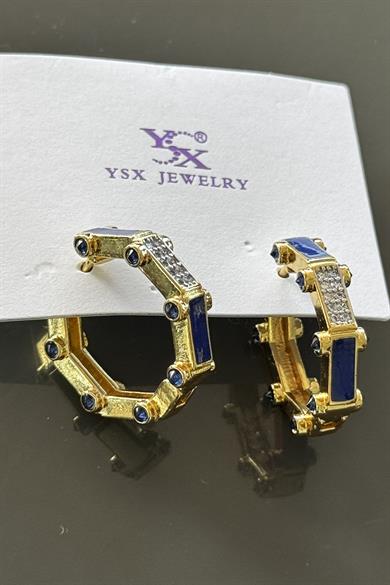 Altın Ve Mavi Renk Taş Detaylı YSX Küpe (Çift)