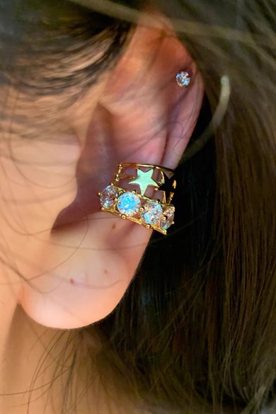 Altın Renk Yıldız Detaylı Taşlı Ear Cuff/Kulak Aksesuarı (Tek)