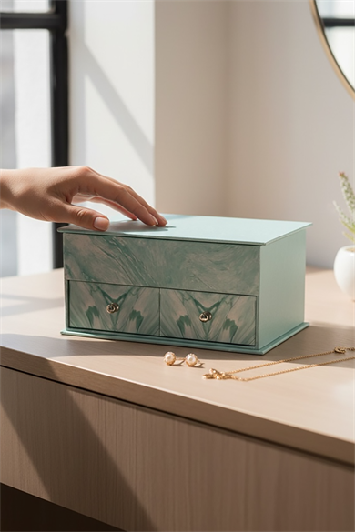 Mavi Renk Ayna Detaylı Bölmeli Çekmeceli Takı Organizeri