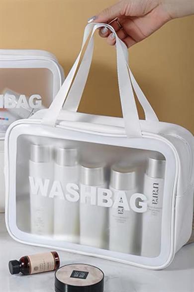 Beyaz Renk Washbag Yazılı Su Geçirmez Büyük Boy Makyaj Çantası