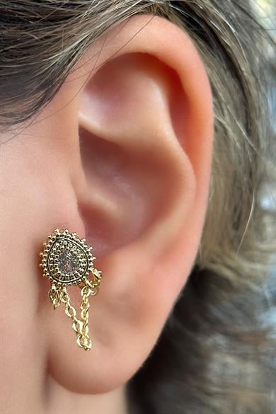 Altın Renk Taş Detaylı Çelik Tragus/Kıkırdak Küpe/Piercing (Tek)