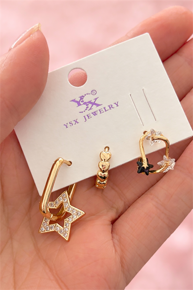 Altın Renk Yıldız Figürlü Taş Detaylı 3lü YSX Küpe Set