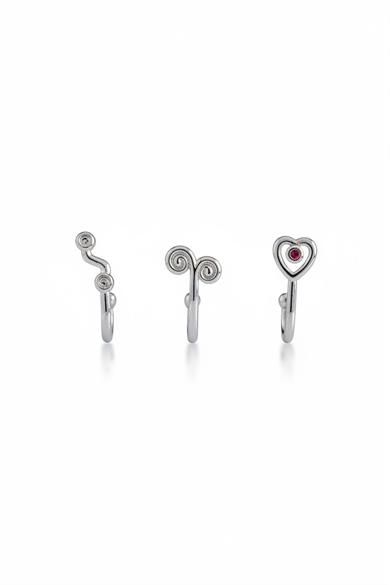 Gümüş Renk Karışık Figürlü Deliksiz Kulak/Burun 3lü Piercing Set