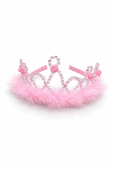 Pembe Renk Tüy Ve Boncuk Detaylı Çocuk Taç