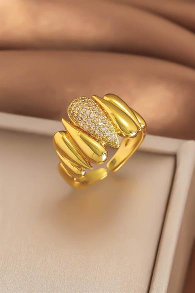 Altın Renk Taş Detaylı Ayarlanabilir Çelik Yüzük