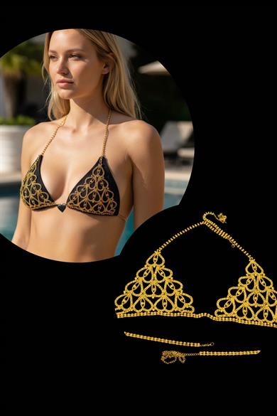 Altın Renk Taşlı Bikini Üstü /Bralet /Vücut Aksesuarı