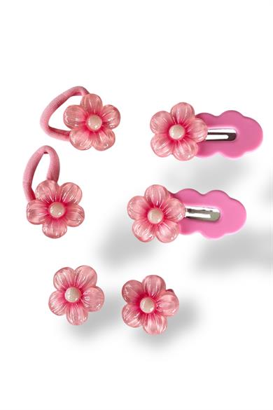 Pembe Renk Çiçek Figürlü Lastik, Yan Toka Set