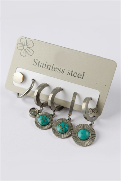 6lı Gümüş Renk Taş Detaylı Çelik Küpe Set