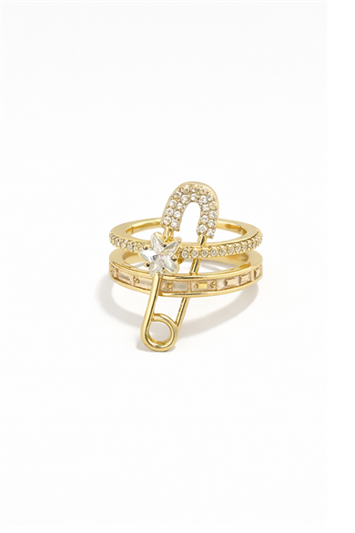 Altın Renk Kilitli İğne Figürlü Ayarlanabilir Yüzük