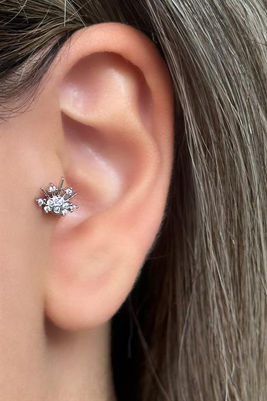 Gümüş Renk Taş Detaylı Çelik Tragus/Kıkırdak Küpe/Piercing (Tek)