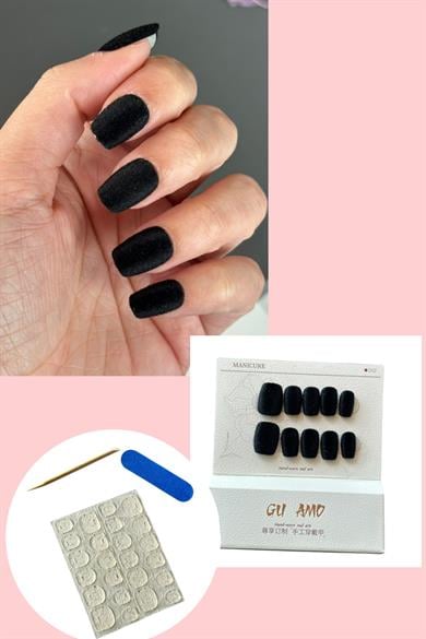 10lu Siyah Renk Kadife Takma Tırnak Set (Yapıştırıcılı)