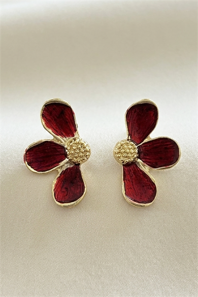 Altın Ve Kırmızı Renk Çiçek Figürlü Küpe (Çift)