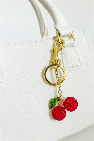 Altın Ve Kırmızı Renk Kiraz Figürlü Taş Detaylı Çanta Charm/ Anahtarlık