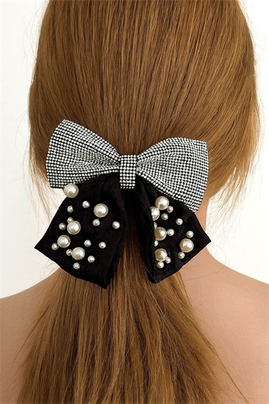 Gümüş Ve Siyah Renk İnci Ve Taş Detaylı Otomat Toka