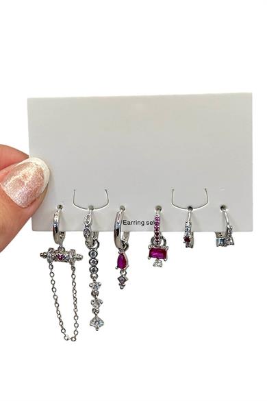 Gümüş Renk Taş Detaylı 6lı Küpe Set