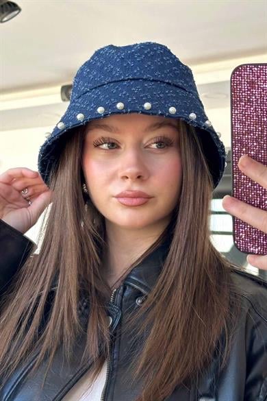 Mavi Renk İnci Detaylı Kot Tasarım Şapka