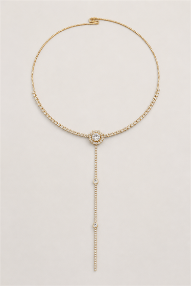 Altın Renk Taş Detaylı 14K Altın Kaplama Vip Choker Kolye