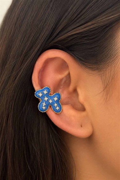 Gümüş Renk Köpek Figürlü Taş Detaylı 14K Altın Kaplama TX Ear Cuff (Tek)
