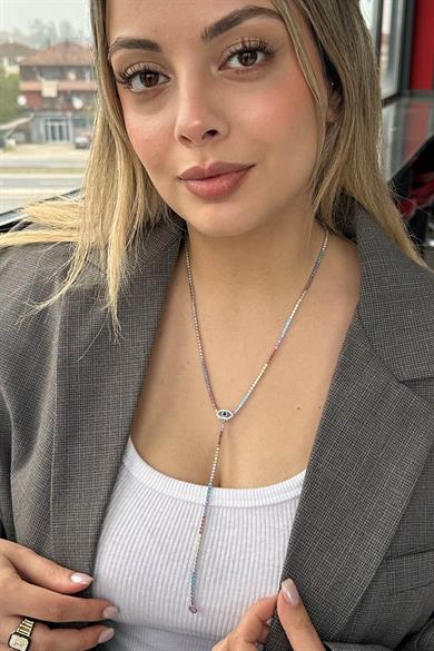 Gümüş Renk Göz Figürlü 14K Altın Kaplama VİP Y Kolye