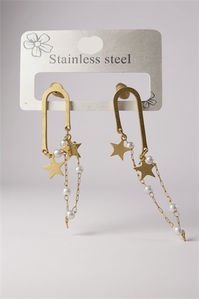 Altın Renk Yıldız Figürlü İnci Detaylı Sallantılı Çelik Küpe (Çift)