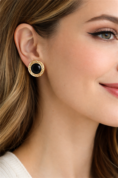 Altın Renk Siyah Mineli Küpe (Çift)