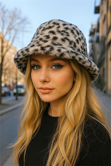 Leopar Desenli Peluş Şapka