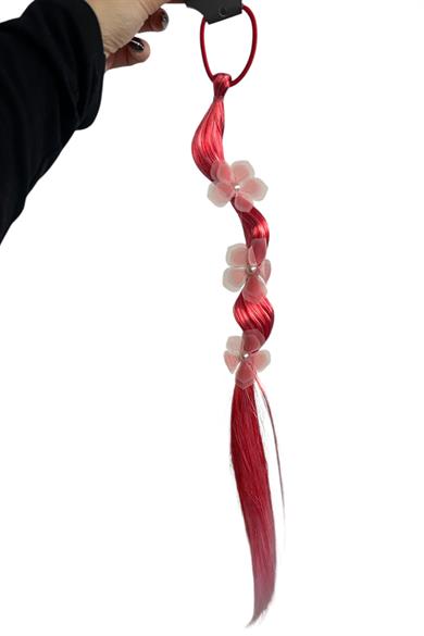 Kırmızı Renk Çiçek Figürlü Saç Detaylı Lastik Toka