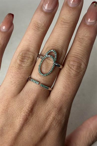 Gümüş Renk Yeşil Taş Detaylı Ayarlanabilir Çelik Yüzük