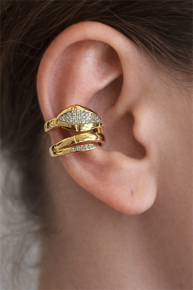 Altın Ve Gümüş Renk Taş Detaylı 14K Altın Kaplama TX Ear Cuff (Tek) 