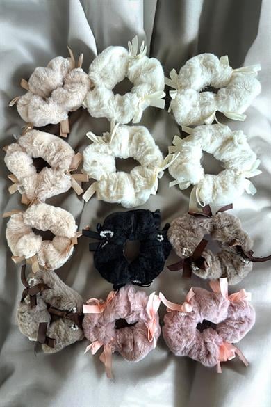 12li Karışık Renk Kurdele Detaylı Peluş Simit Toka Set