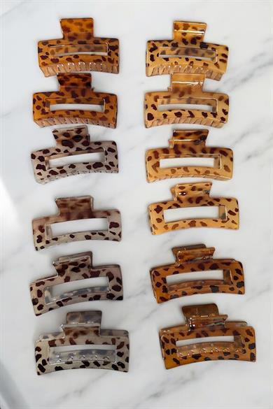 12li Karışık Renk Leopar Desenli Kemik Mandal Toka