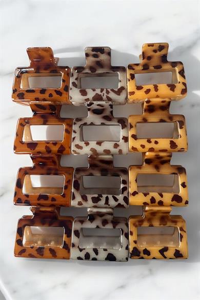 12li Karışık Renk Leopar Desenli Kemik Mandal Toka Set