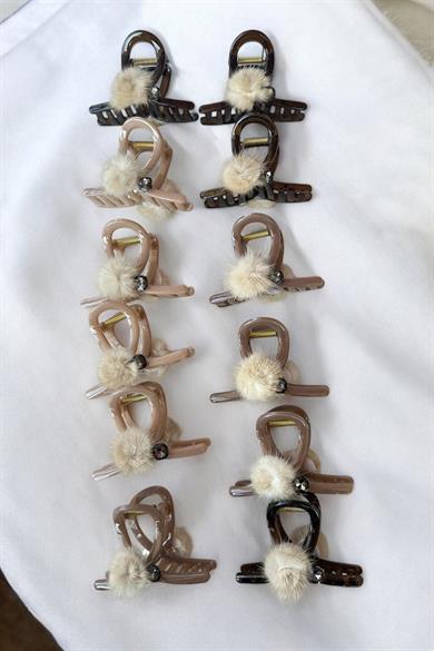 12li Karışık Renk Peluş Detaylı Mandal Toka Set