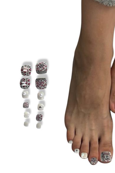 12li Leopar Figürlü Kelebek Figürlü İnci Detaylı Ayak Takma Tırnak Set