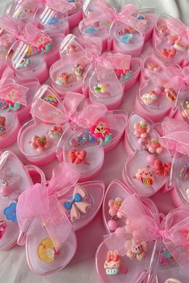 12li Pembe Renk Kurdele Detaylı Kelebek Figürlü Toka Set