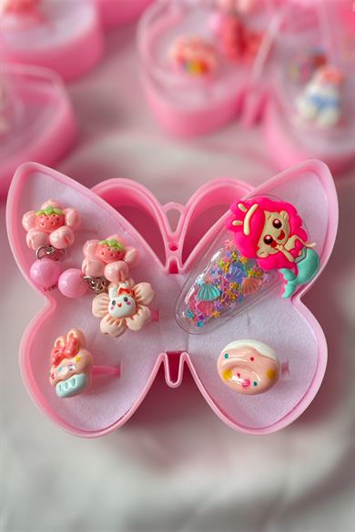 12li Pembe Renk Kurdele Detaylı Kelebek Figürlü Toka Set