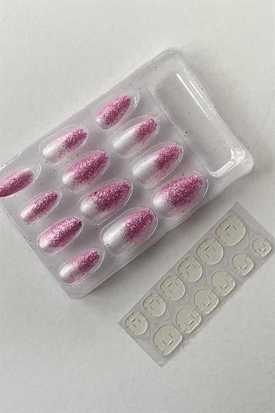 Pembe Renk Sim Detaylı Takma Tırnak (Yapıştırıcılı)