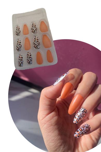 12li Turuncu Renk Leopar Nail Art Figürlü Takma Tırnak Seti (Yapıştırıcılı)