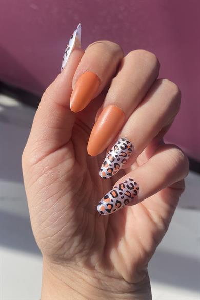 12li Turuncu Renk Leopar Nail Art Figürlü Takma Tırnak Seti (Yapıştırıcılı)