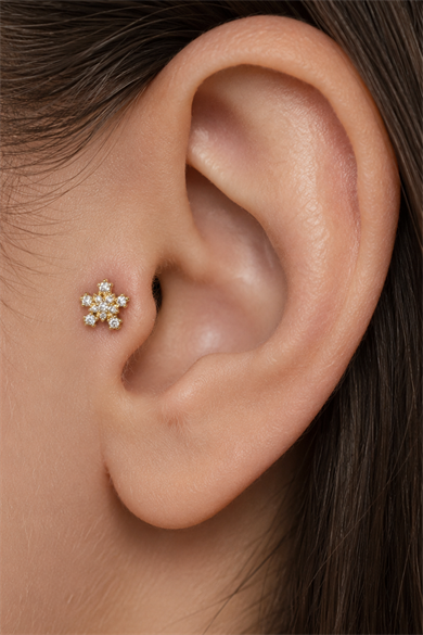 Altın   Renk Kar Tanesi  Figürlü  Taşlı Cerrahi Çelik Tragus/Kıkırdak Küpe/Piercing (Tek)