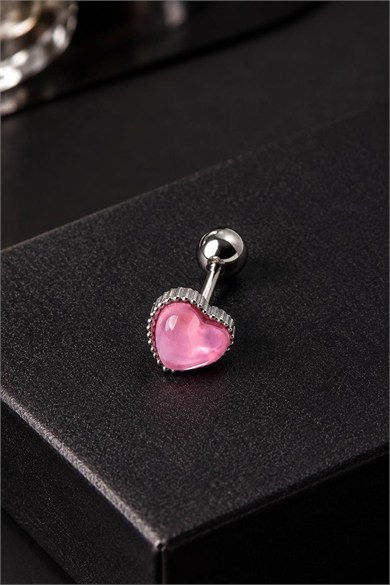 Gümüş Renk Pembe Taşlı Cerrahi Çelik Tragus/Kıkırdak Küpe/Piercing (Tek)