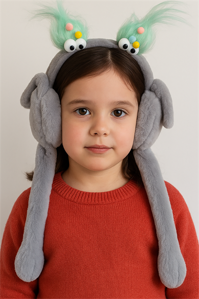 Gri Renk Canavar Figürlü Kulakları Oynayan Peluş Kulaklık