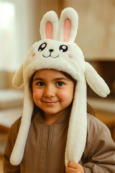 Beyaz Renk Tavşan Figürlü Kulakları Oynayan Peluş Şapka