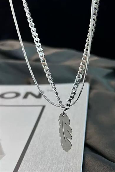 Gümüş Renk Tüy Figürlü Erkek İkili Zincir Çelik Kolye 