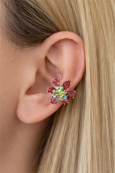 Altın Renk Çiçek Figürlü Taşlı Ear Cuff Küpe (Tek)